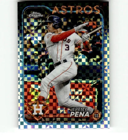 Chrome refractor baseball card of Jeremy Pena from the Houston Astros swinging a bat