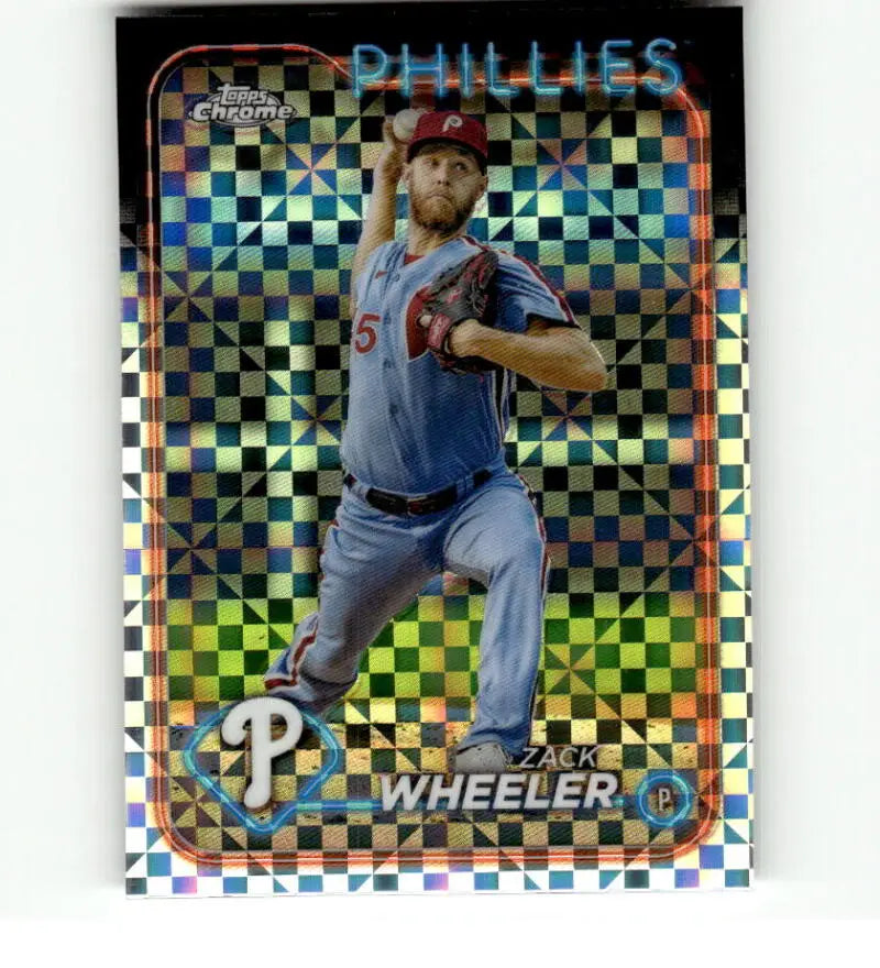 Holographic Topps Chrome baseball card of Zack Wheeler pitching in Phillies gray uniform