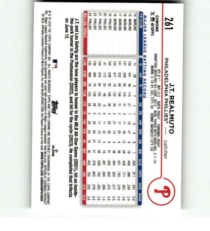 Baseball scorecard with red and blue markings beside Topps Chrome X-Fractor J.T. Realmuto card