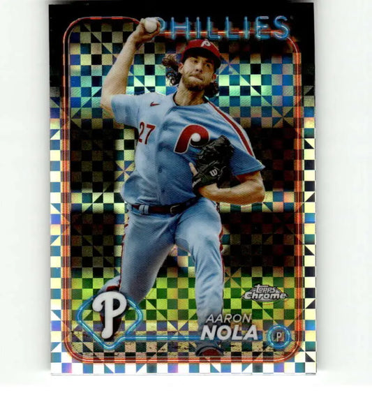 Holographic Topps Chrome baseball card of Aaron Nola in mid-throw for Phillies