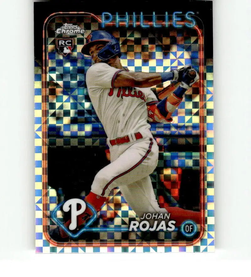 Baseball card featuring Johan Rojas with a holographic pattern for Philadelphia Phillies