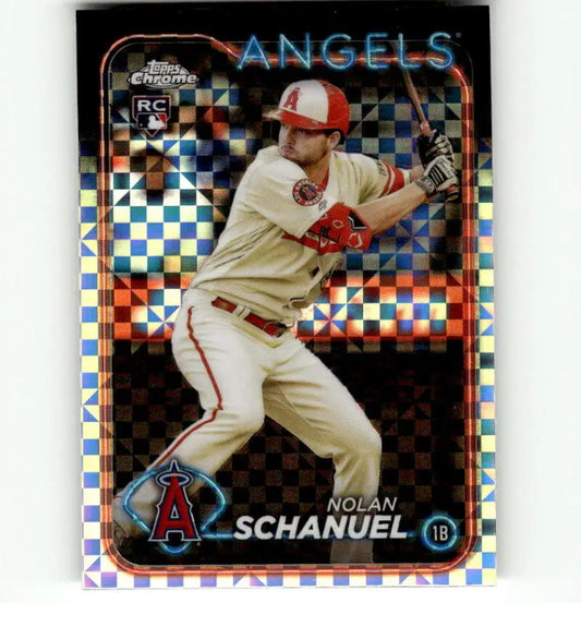 Baseball card of Nolan Schanuel in white Angels uniform, Topps Chrome X-Fractor design