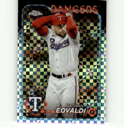 Baseball card of Nathan Eovaldi in white Texas Rangers uniform from Topps Chrome