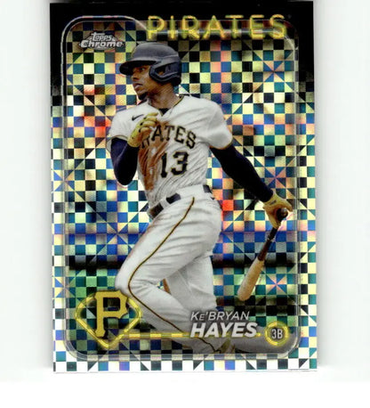 Pittsburgh Pirates player Ke’Bryan Hayes swinging a bat on Topps Chrome baseball card