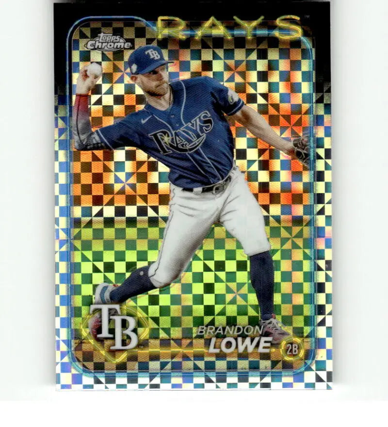 Tampa Bay Rays player Brandon Lowe in navy uniform throwing a pitch for 2024 Topps card