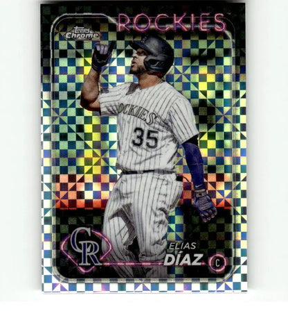 Elias Diaz Topps Chrome X-Fractor 2024 Colorado Rockies Baseball Card with holographic pattern