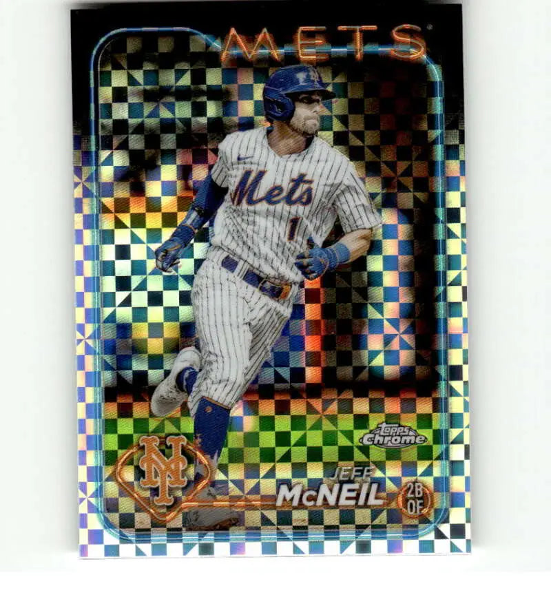 Holographic Topps Chrome baseball card of Jeff McNeil in pinstripe uniform running bases