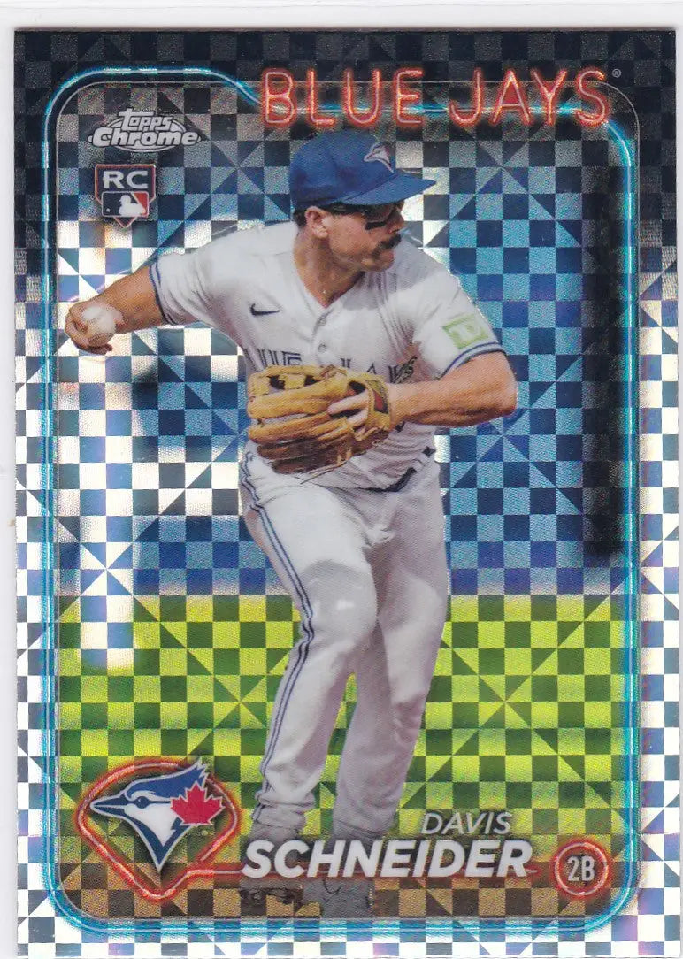 Davis Schneider RC Toronto Blue Jays baseball card from 2024 Topps Chrome X-Fractor