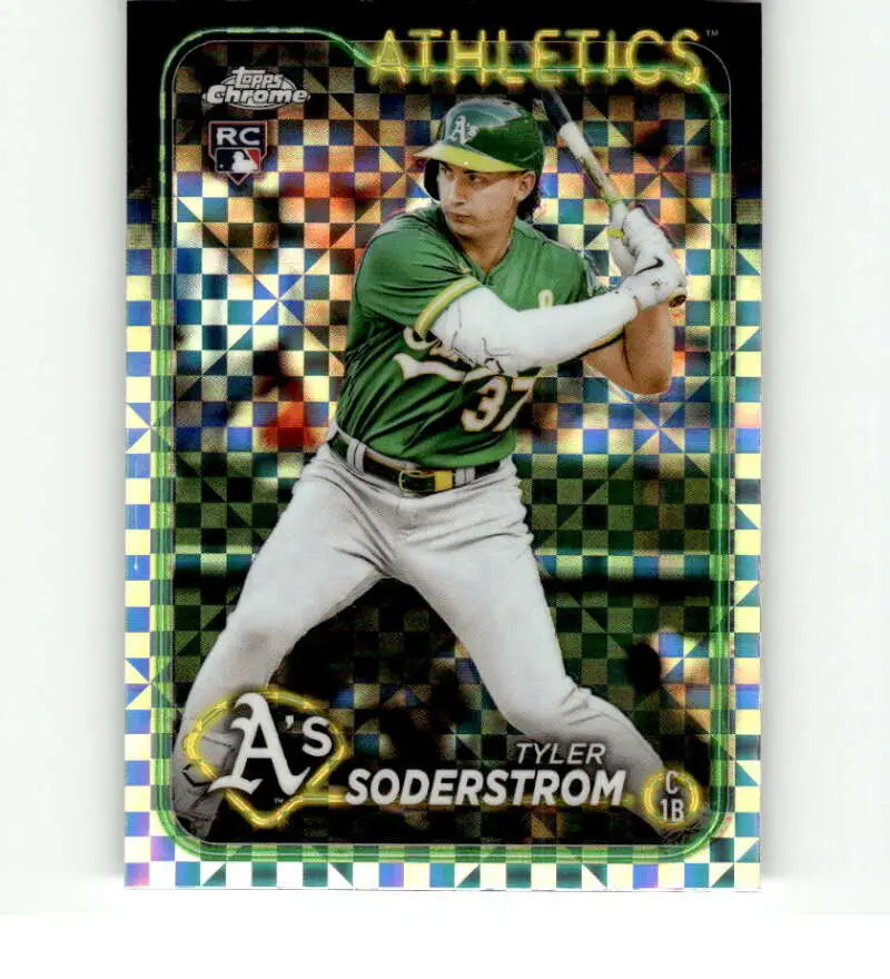 Holographic Tyler Soderstrom Oakland Athletics baseball card at bat in green and white uniform