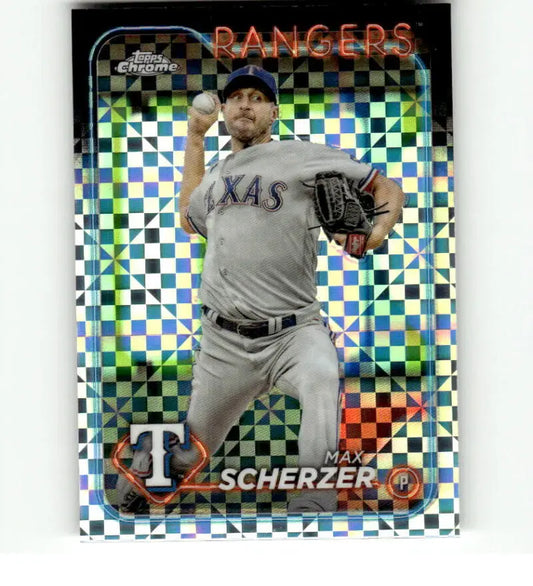 Max Scherzer Texas Rangers baseball card with holographic pattern in gray uniform