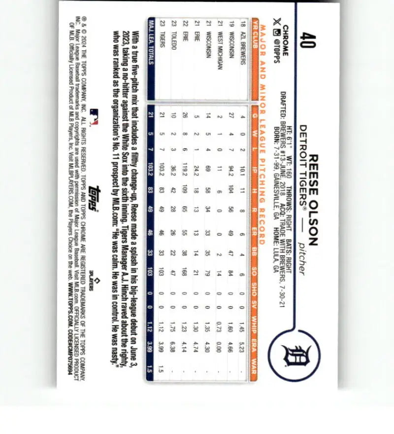 Reese Olson Detroit Tigers baseball card showcasing player performance statistics metrics