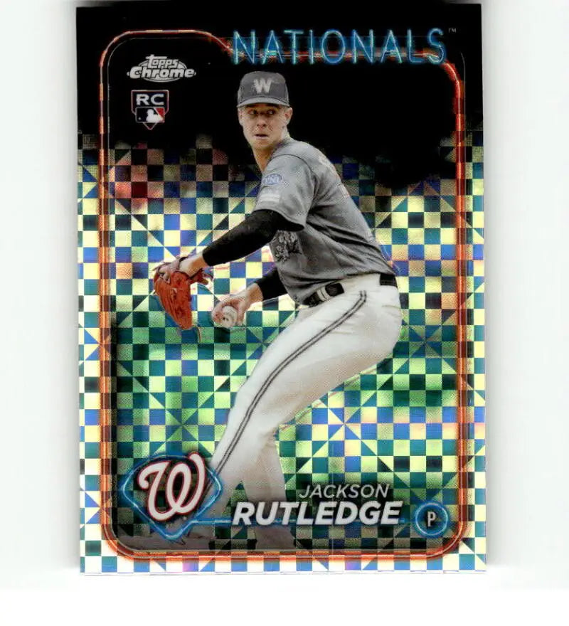 Baseball card of Jackson Rutledge, Washington Nationals pitcher in Topps Chrome X-Fractor design