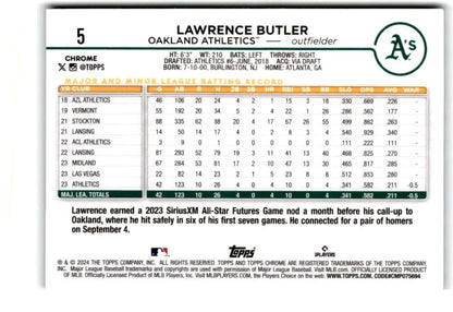 Baseball card featuring Lawrence Butler stats from Topps Chrome for Oakland Athletics