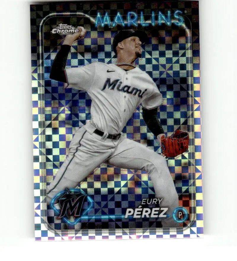 Chrome holographic Miami Marlins baseball card of Eury Perez in pitching action