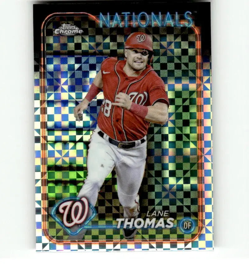 Holographic Topps Chrome baseball card of Lane Thomas, Washington Nationals player