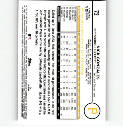 Multiple choice answer sheet with F grade next to 2024 Topps Chrome Nick Gonzales baseball card