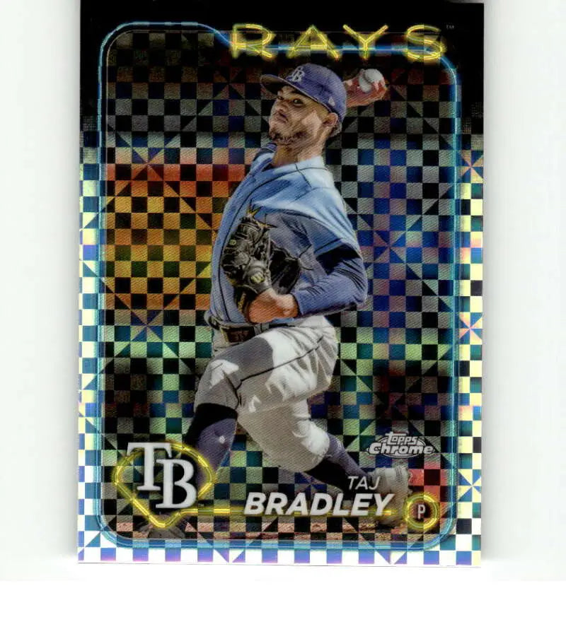 Taj Bradley in mid-throw on a Tampa Bay Rays baseball card with holographic background