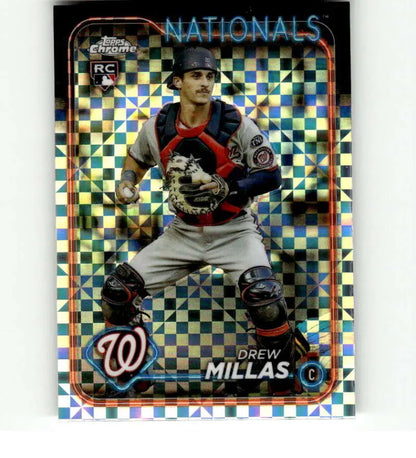 Drew Millas crouched in road gray uniform on Washington Nationals baseball card