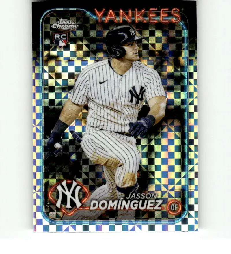 Holographic Topps Chrome Jasson Dominguez baseball card in pinstripe uniform