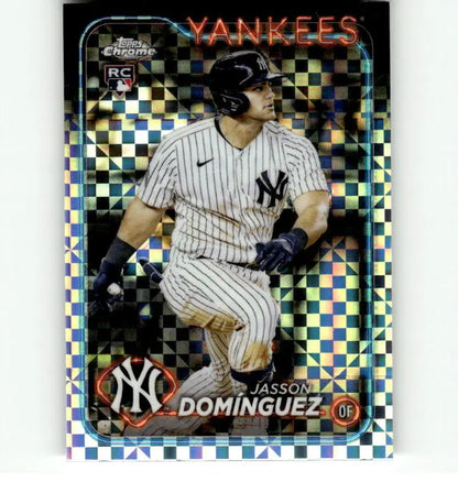 Holographic Topps Chrome Jasson Dominguez baseball card in pinstripe uniform