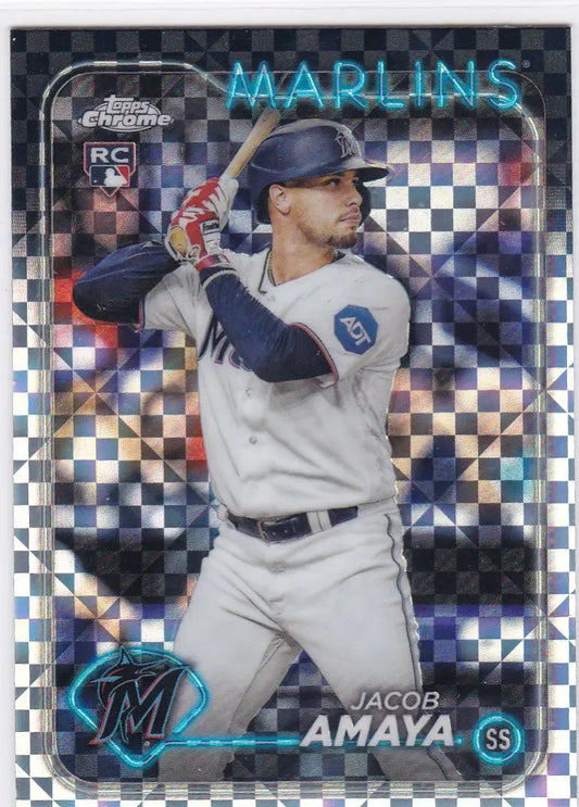 Baseball card of Jacob Amaya RC Miami Marlins in white uniform, Topps Chrome X-Fractor