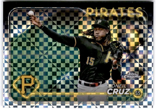 Baseball card of Oneil Cruz making a catch for the Pittsburgh Pirates in black uniform