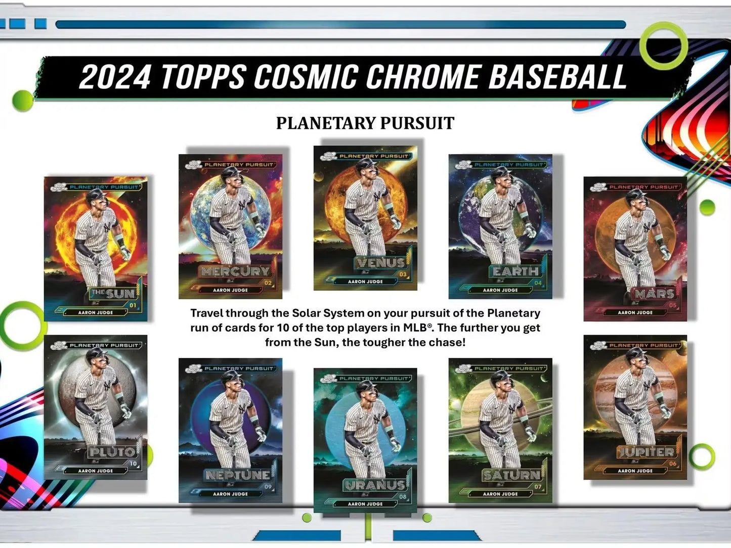 Baseball card collection display featuring 2024 Topps Cosmic Chrome cards with green space dust