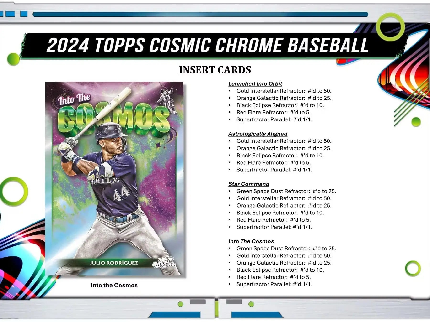 Baseball card from 2024 Topps Cosmic Chrome showing Rockies player with gold interstellar refractor