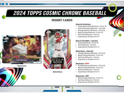 2024 Topps Cosmic Chrome Baseball Hobby Box showcasing insert card options with Space Dust Refractor