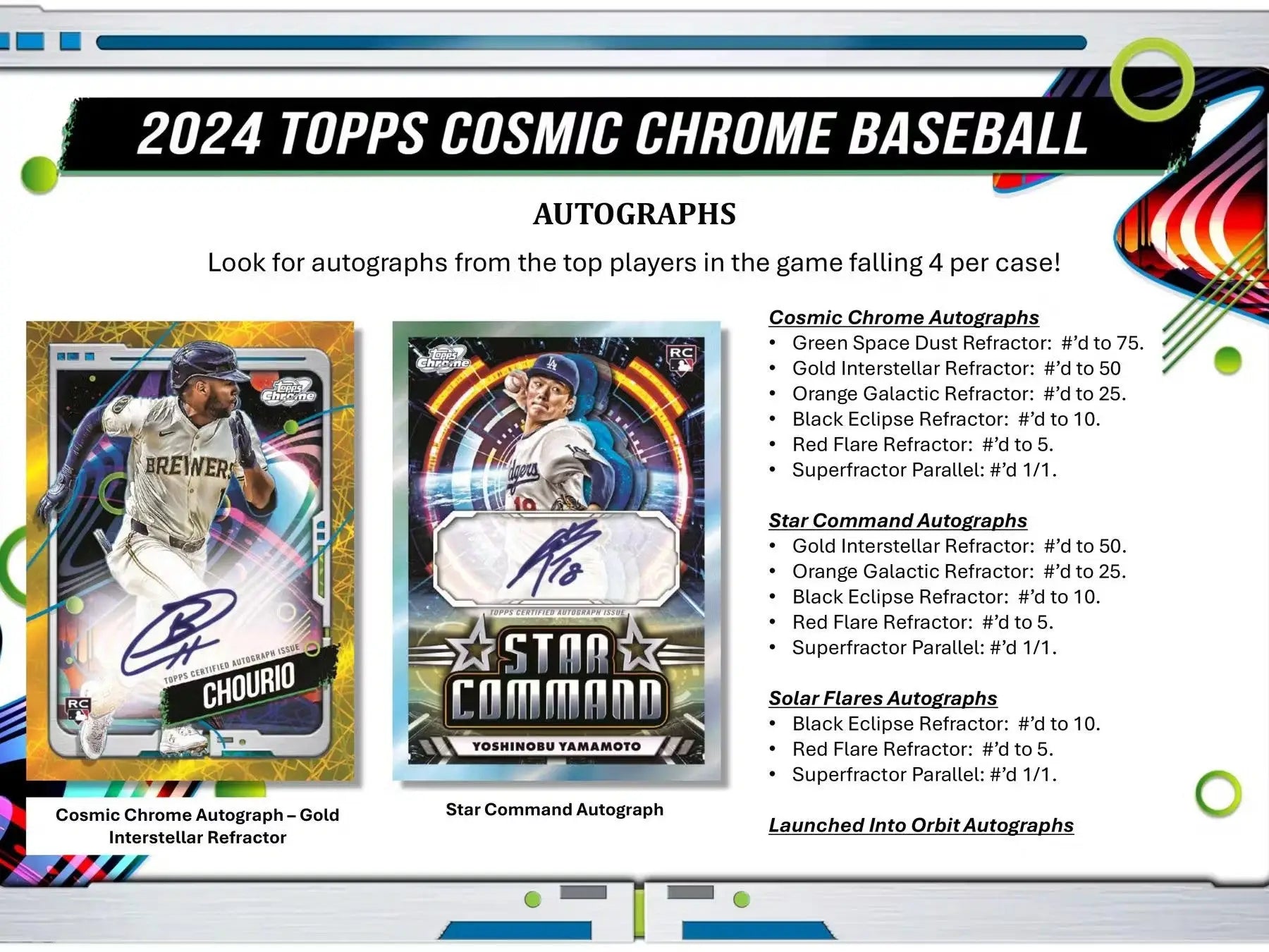 Product advertisement card for 2024 Topps Cosmic Chrome Baseball autographed cards with space dust refractor