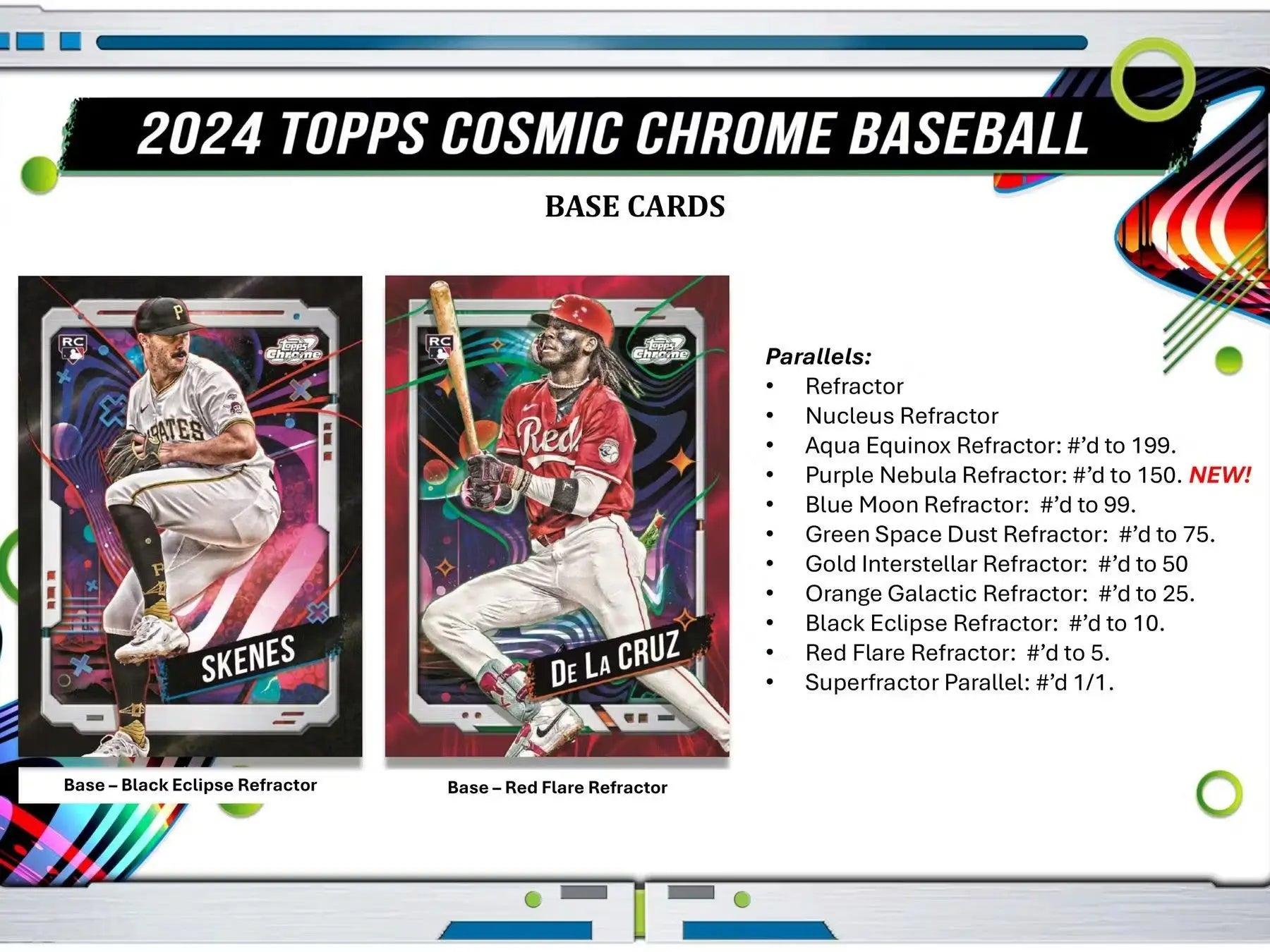 Product information display for 2024 Topps Cosmic Chrome Baseball cards with green space dust options