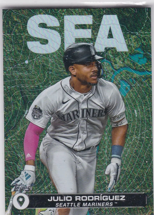 Baseball trading card of Julio Rodriguez in Seattle Mariners uniform from 2024 Topps series