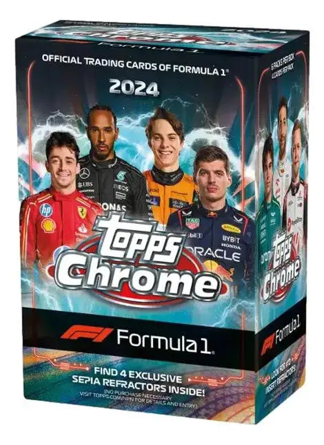 2024 Topps Formula 1 Chrome Racing Blaster Box with F1 drivers on packaging