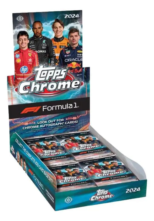 Display box of 2024 Topps Chrome Racing Formula 1 trading cards featuring base cards