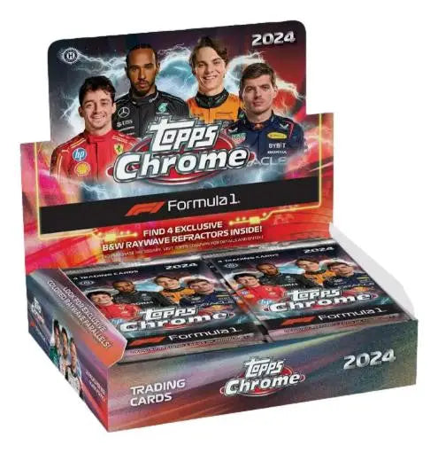 Display box of 2024 Topps Formula 1 Chrome Racing cards featuring base card and b&w raywave