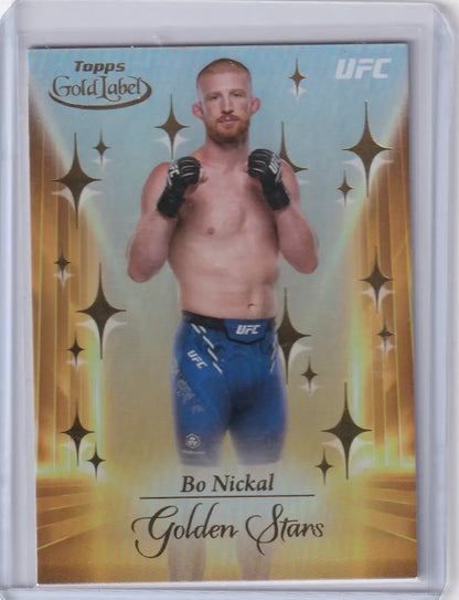 Topps Gold Label Golden Stars card featuring Bo Nickal in blue shorts and black gloves