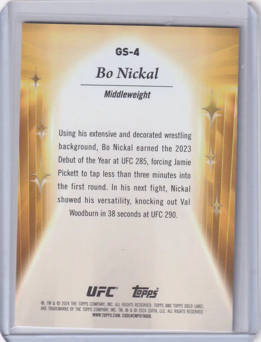 UFC Topps Gold Label trading card showcasing Bo Nickal’s career highlights and achievements