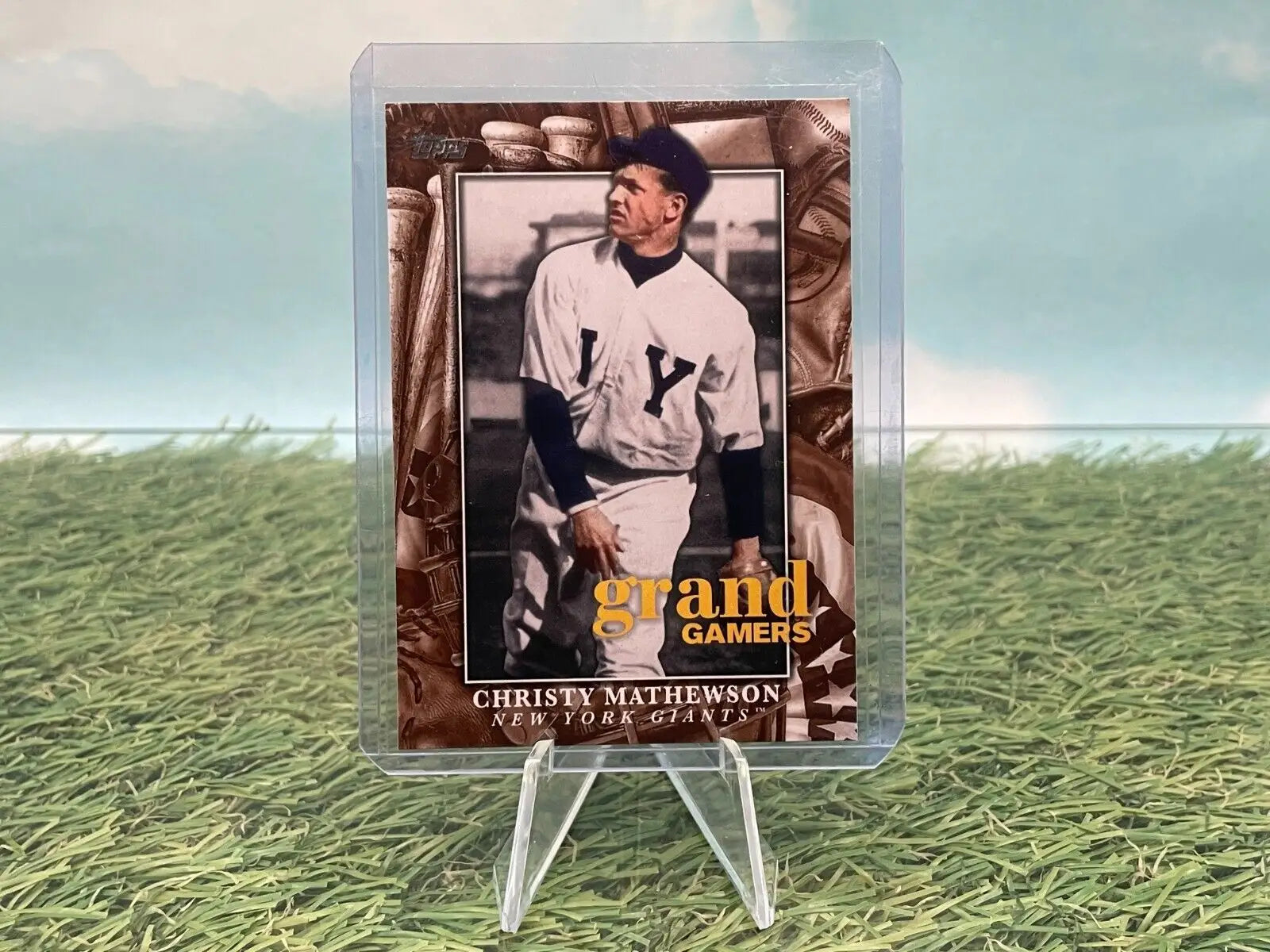 Baseball card in protective case on stand for 2024 Topps Grand Gamers York Giants