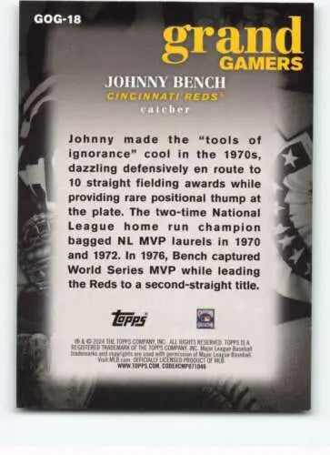 Johnny Bench baseball card from 2024 Topps Grand Gamers original gloss NM-MT Reds