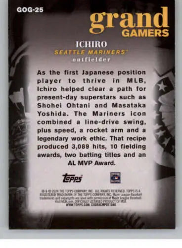 Ichiro Baseball Card from 2024 Topps Grand Gamers NM-MT Mariners Original Gloss