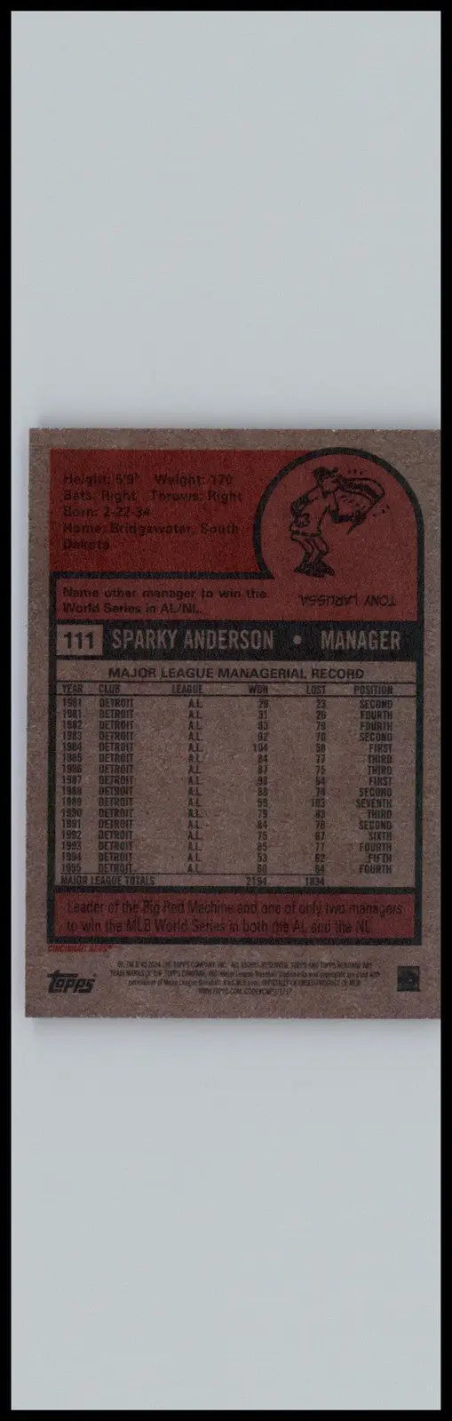 Baseball card back of 2024 Topps Heritage #111 Sparky Anderson, Cincinnati Reds