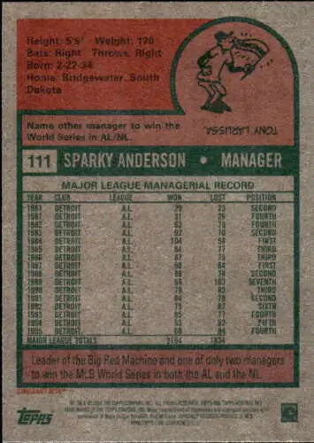 Baseball card back of 2024 Topps Heritage #111 Sparky Anderson with original gloss