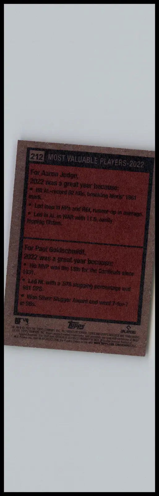 Baseball card back of 2024 Topps Heritage #212 featuring Aaron Judge and Paul Goldschmidt