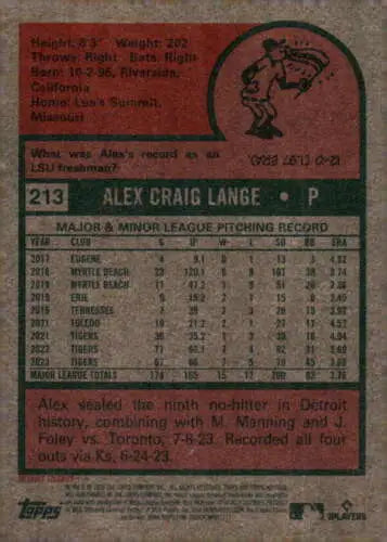 Baseball card back of 2024 Topps Heritage #213 Alex Lange with original gloss finish