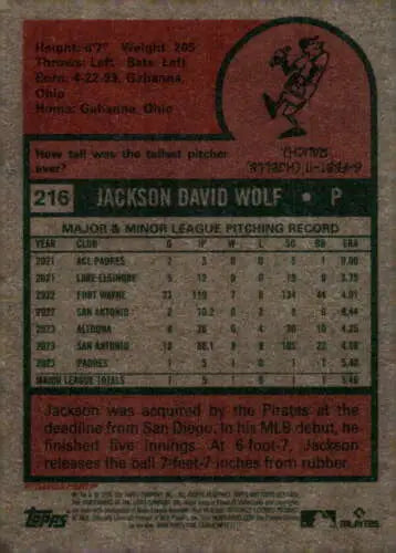 Baseball card back of 2024 Topps Heritage #216 Jackson Wolf NM-MT RC Rookie Pirates