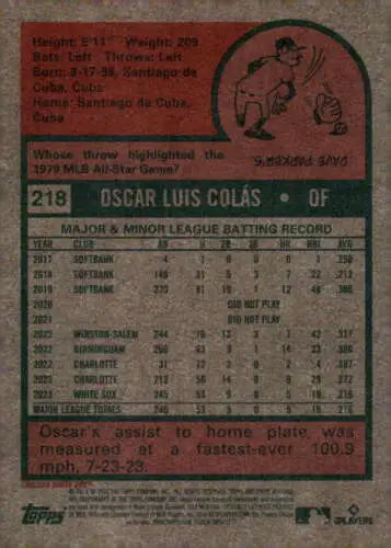 Baseball card back of 2024 Topps Heritage #218 Oscar Colas with original gloss finish