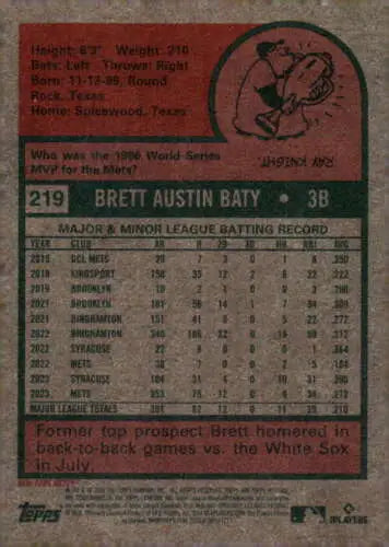 Baseball card back of 2024 Topps Heritage #219 Brett Baty with original gloss finish