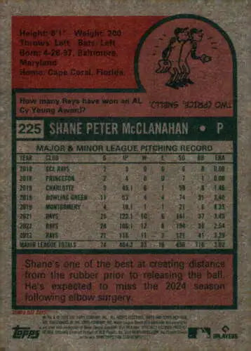 Shane McClanahan 2024 Topps Heritage #225 baseball card with original gloss for Rays fans