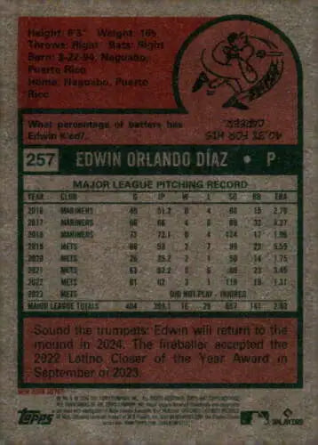 Baseball card back of 2024 Topps Heritage #257 Edwin Diaz NM-MT Mets with original gloss