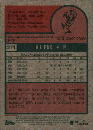 Baseball card back of 2024 Topps Heritage #271 A.J. Puk NM-MT with original gloss